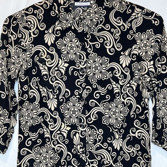 Croft & Barrow Women's Small Black Tan Floral Collared Button Front Top Blouse - Picture 7 of 12